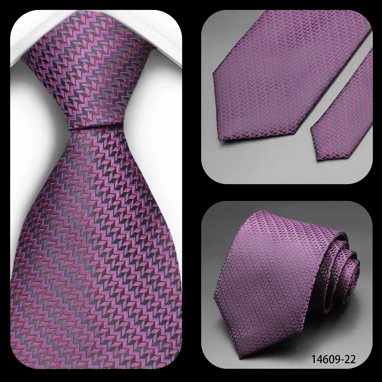 Luxuriöse 7CM Herrenkrawatte in Lila mit Streifen, Punkten und Blumenmuster für Männer, Bräutigam, Jacquard-gewebte Krawatte für Business, Hochzeit, Party. – Detail 4