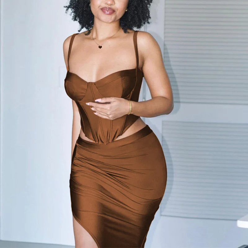 

Zabrina Top Corset Strap Backless Sleeveless Tank Tops For Women Split Pleated Skirt 2 Piece Outfits For Women Sexy Clubwear