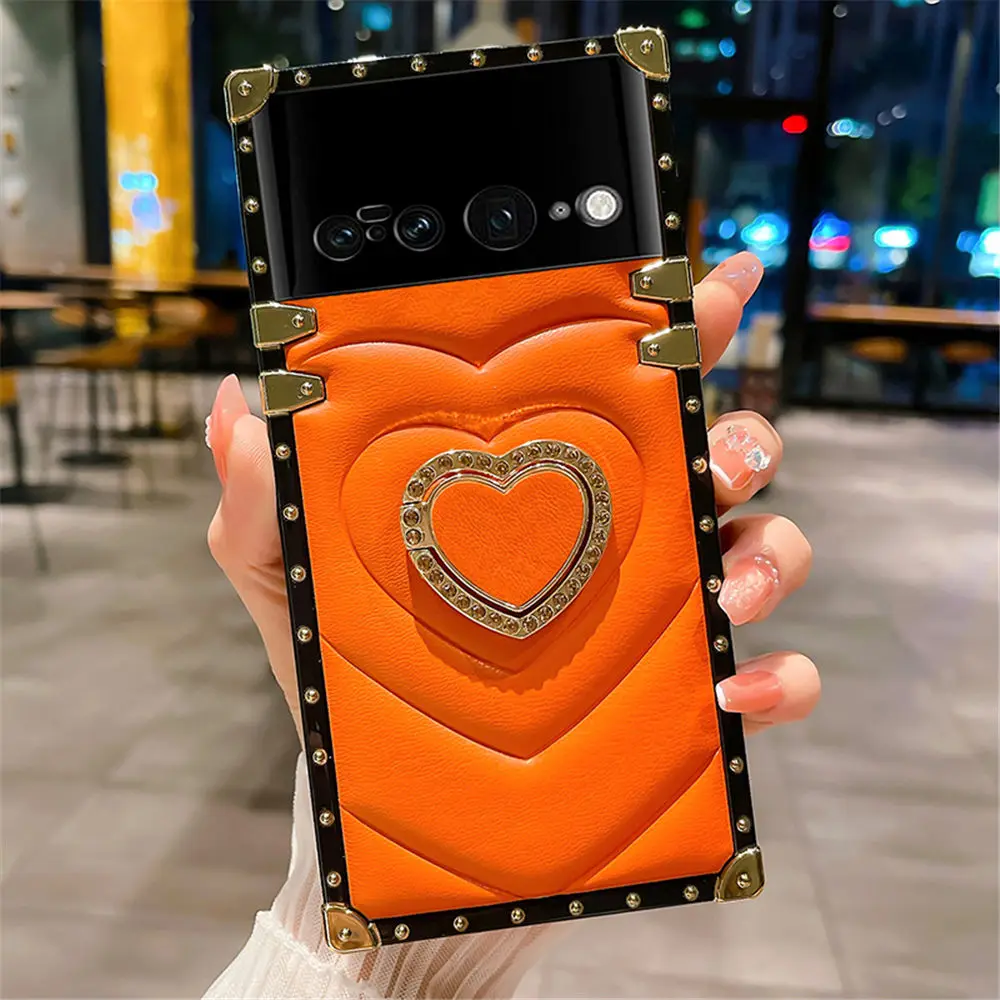 Luxury 3D Love Heart Diamond Ring Bracket Square Leather Plating Case For Google  Pixel 7Pro 6A Shockproof Cover - AliExpress