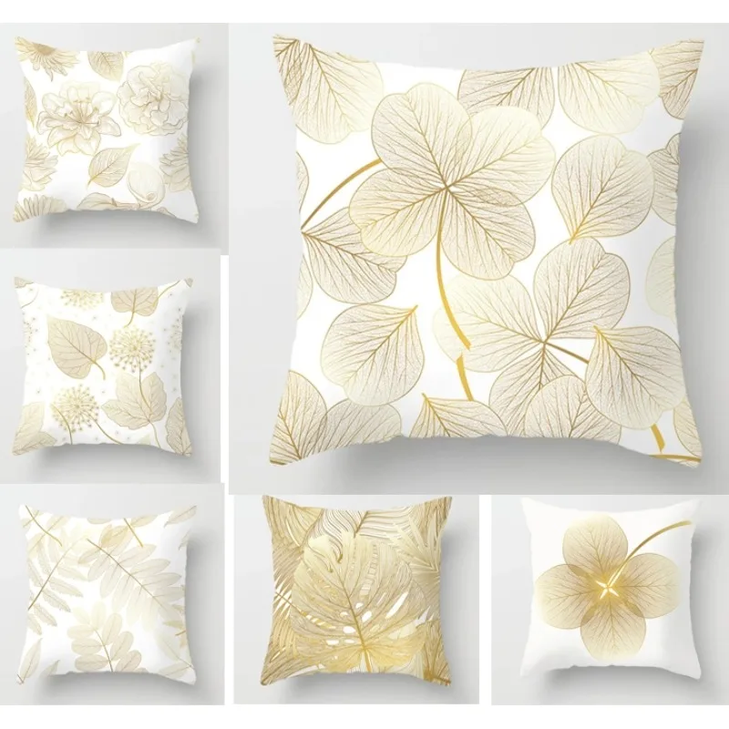 

Gold Leaves Pillowcase Nordic Feather Printed Cushion Cover Simple Fashion Pillow Cover Home Decor Light Luxury 45x45cm F1805