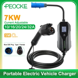Peocke 7KW Portable EV Charger Type 1 J1772 EVSE Charging Wallbox 10/16/20/24/32A Adjustable CEE Plug for Electric Car Charger