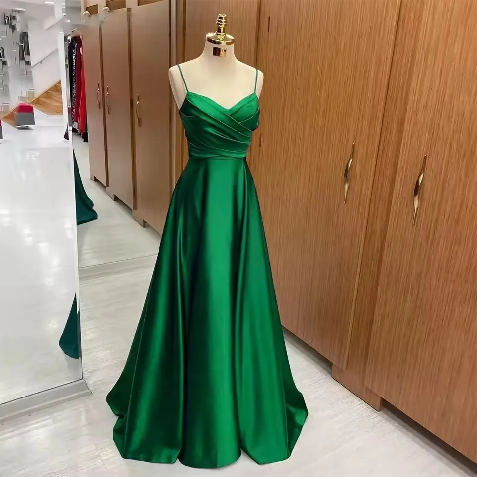 Drak Green Formal Dress V Neck Pleat Party Dress For Wedding Spaghetti Strap Special Occasion robe soir&eacute;e Customized women prom dresses
