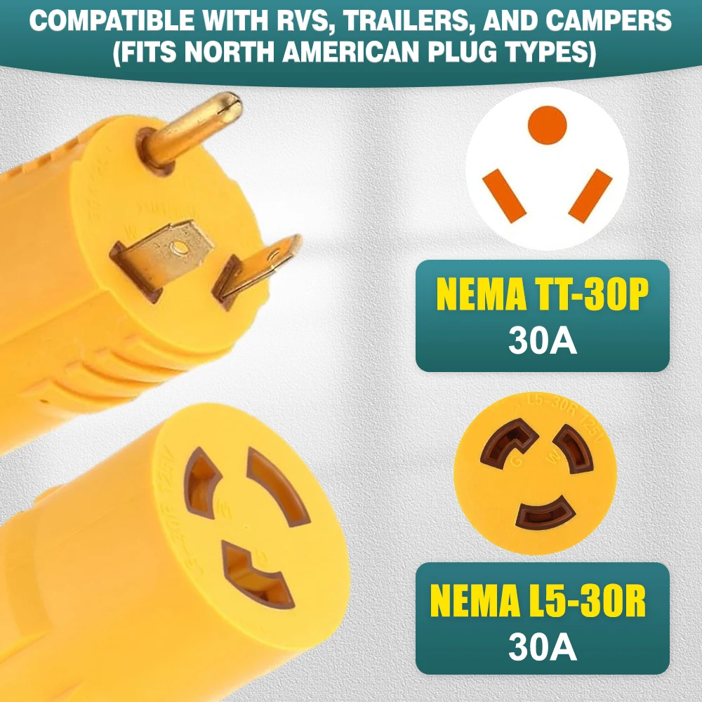 Yellow US Plug Type Shore Power Generator Adapter Compatible with NEMA TT-30P Male to L5-30R Female For RV Trailer Camper