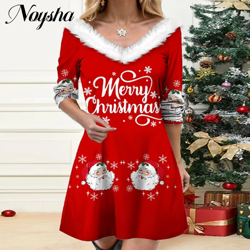 

Ladies Fashion Printed V-Neck Fur Neck Spliced Lace Dress Elegant Christmas Party Dress Winter Ladies Casual Waist A-Word Dress
