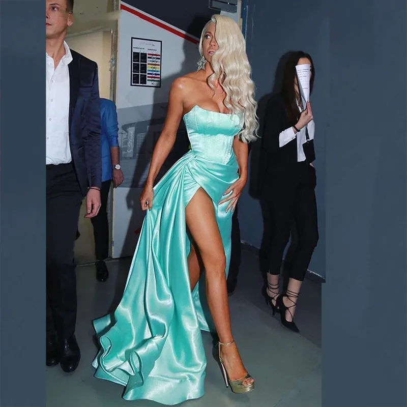 

Sexy Strapless Evening Dress High Side Split Long Prom Party Gowns Sleeveless Celebrity Dresses Custom Made