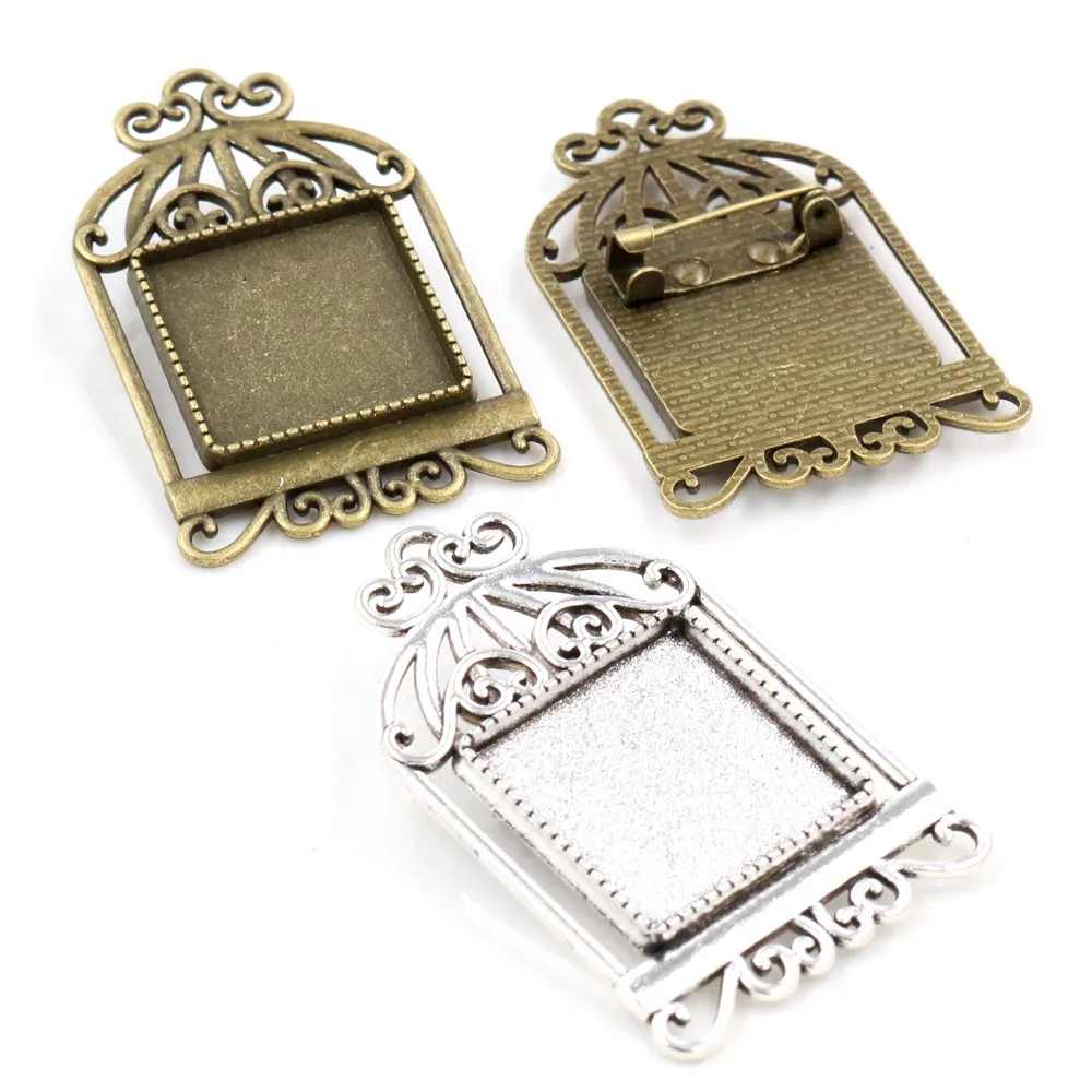 Neue Mode 5 stücke 20mm Platz Innere Größe Antike Silber Überzogene Bronze Farben Vogelkäfig Stil Brosche Quadrat Cabochon Basis einstellung