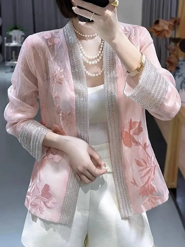 Sun Protection Clothing Women 2024 Spring and Summer New Retro Machine Embroidery Long Sleeve Cardigan Jacket V-neck Top