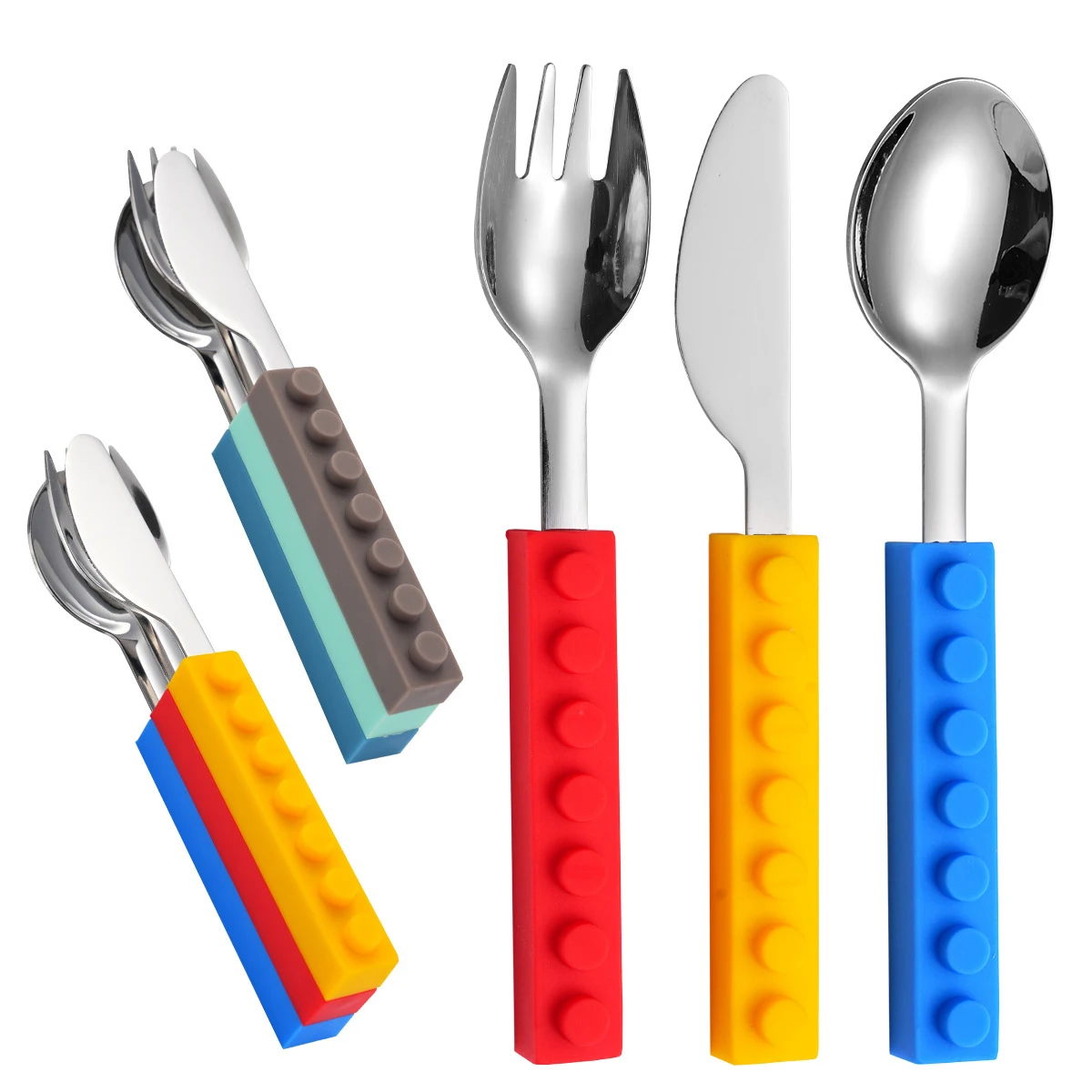 Stainless steel knife fork spoon three piece set silicone block handle children's training tableware