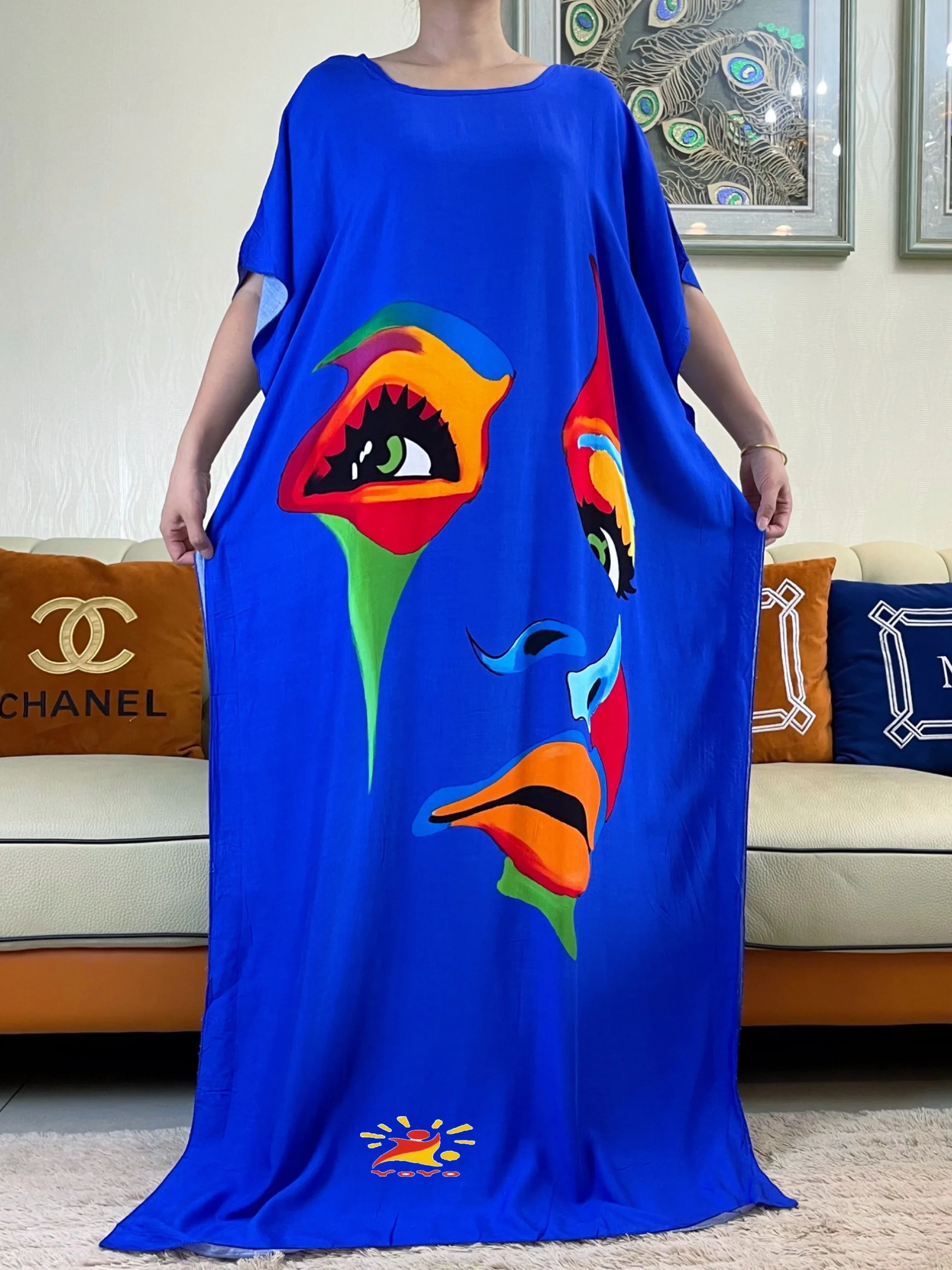 2023Summer Short Sleeve Printing Cotton Dresse With Big Scarf African Dashiki Floral  Loose Caftan Lady  Maxi Casual Vestidos