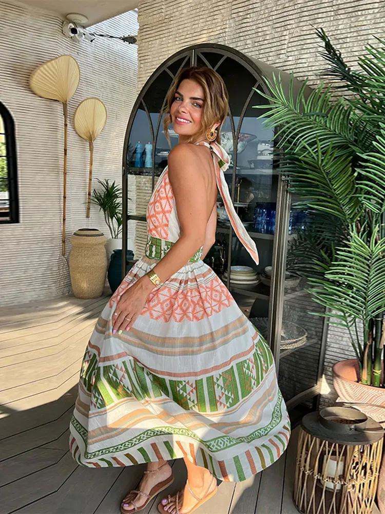 

Платье-Макси женское с открытой спиной, принтом и карманами, на шнуровке