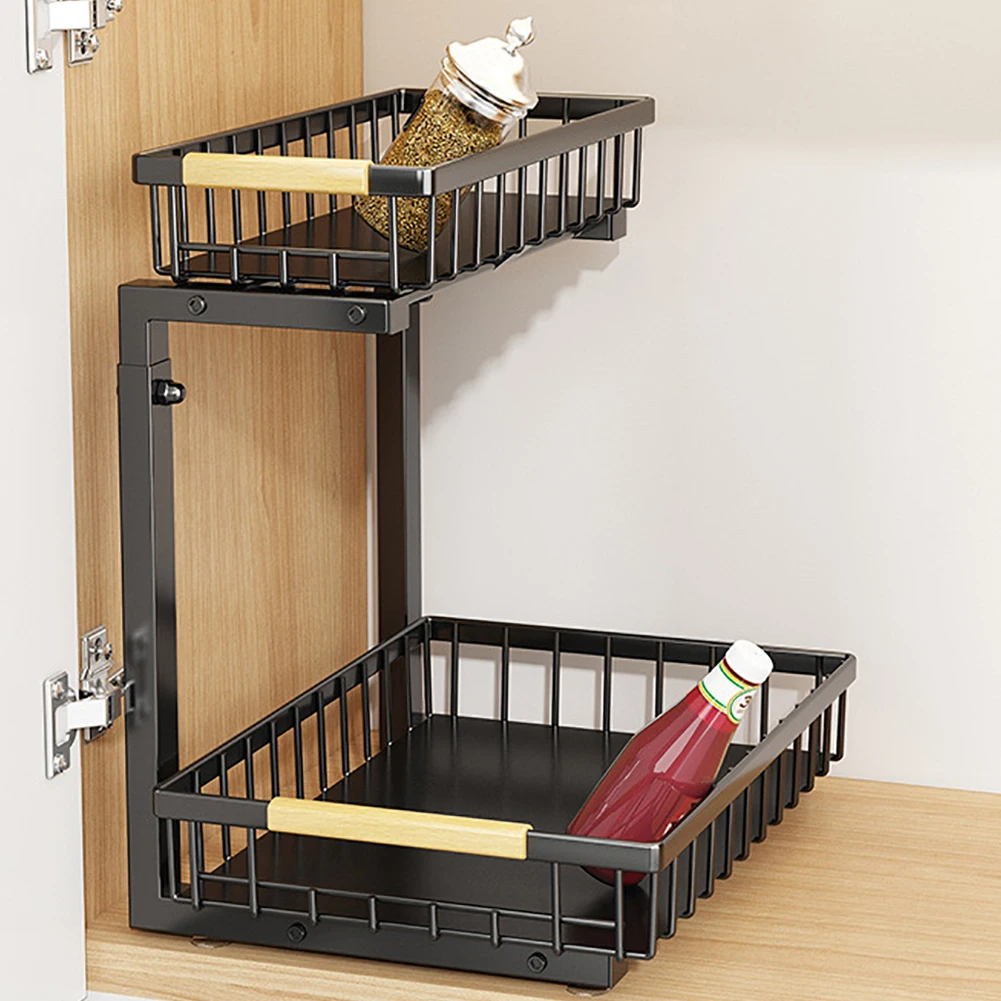 2-stufiger Organizer unter der Spüle, Schiebeschrank, Korb, Aufbewahrungsregal, ausziehbare Veredelung, Gewürze, Badezimmer, Küche, Organizer – Detail 9