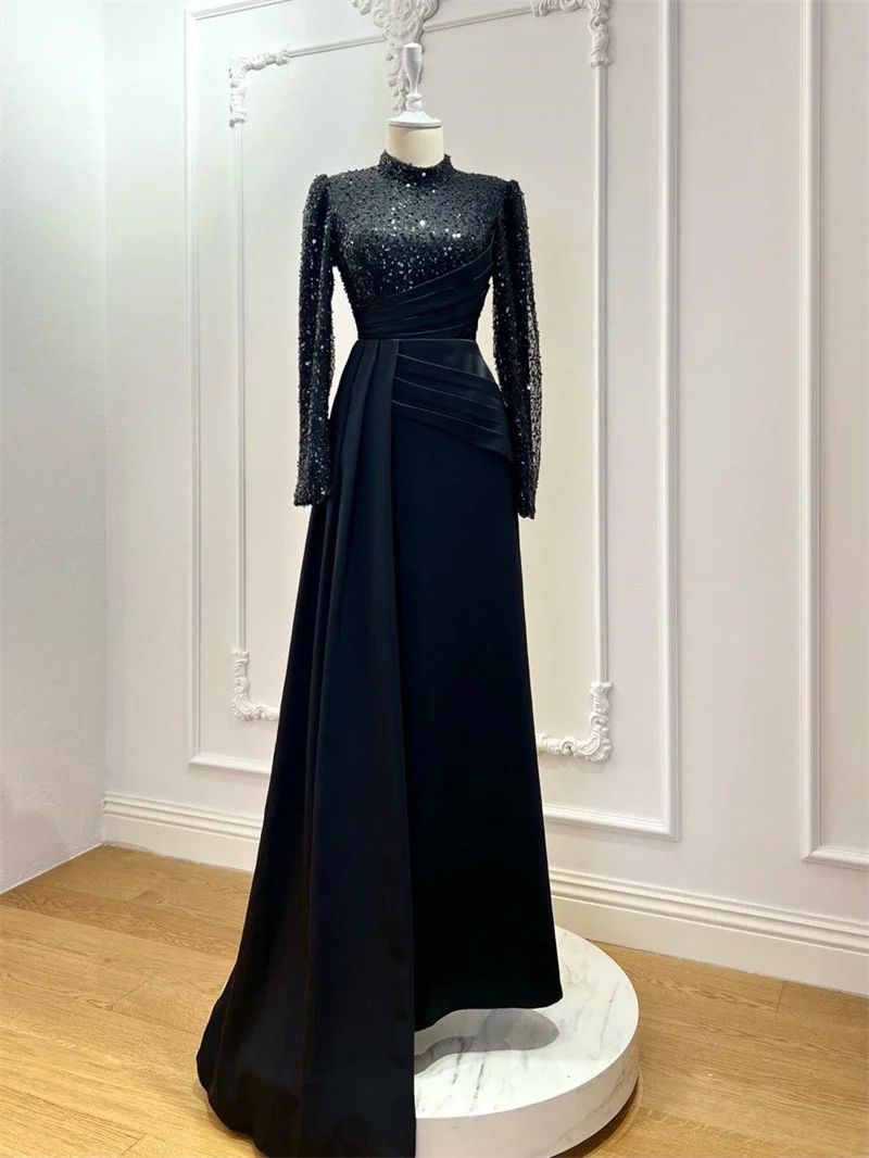 

Fashion Sparkly Sequin Muslim Evening Dresses Long Sleeve Islamic Formal Party Gowns High Neck Women Arabic Robes De Soirée