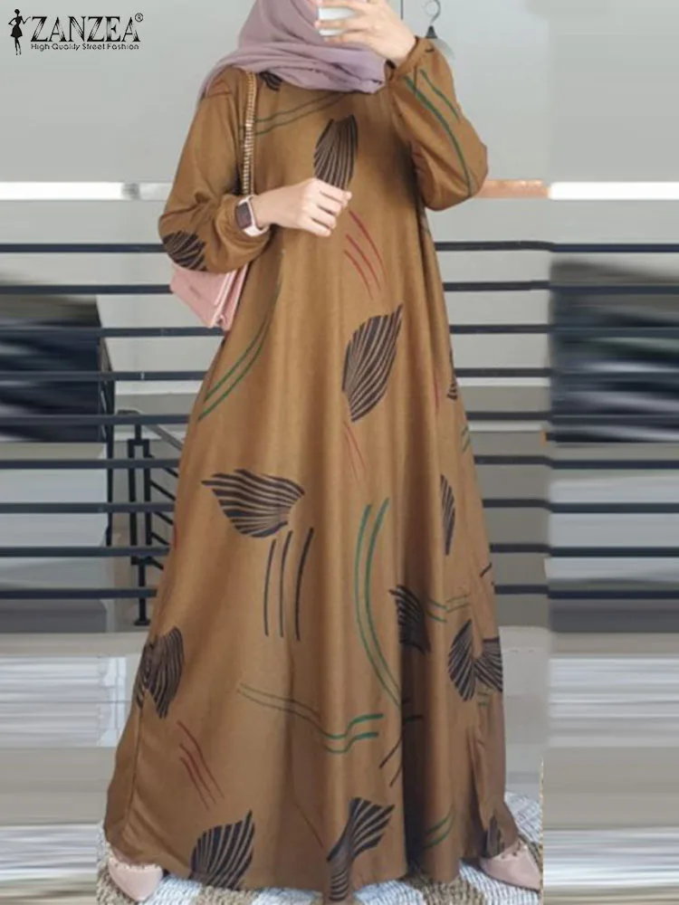 ZANZEA Fashion Long Sleeve Floral Printed Muslim Dress Vintage Women Dubai Turkey Abaya Hijab Sundress Marocain Islamic Clothing