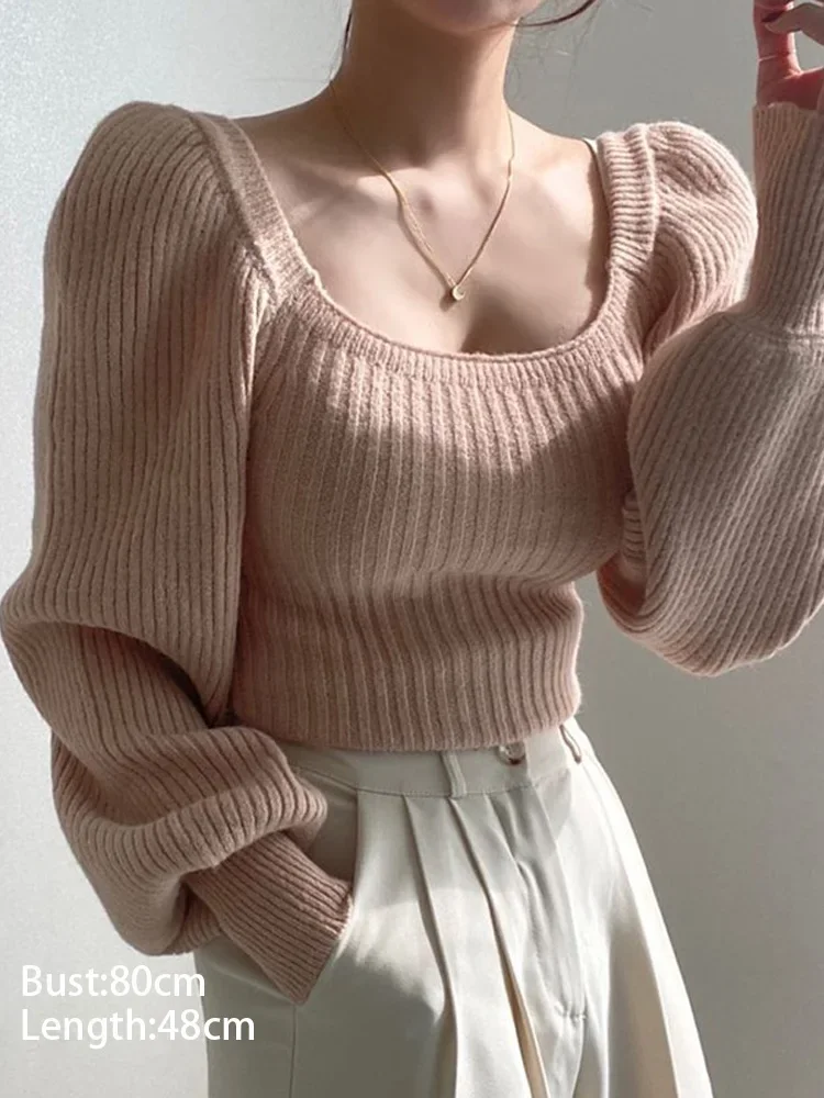 New Solid Color Women's Square Neck Low Neck Lantern Sleeve Sweater Fashion Long Sleeve Slim Knitwear Top
