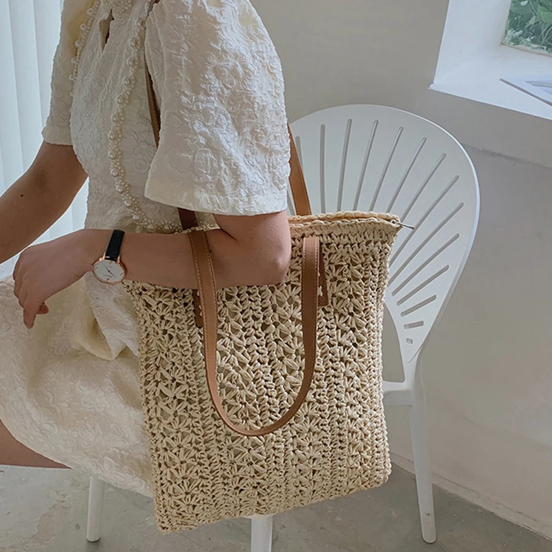 Handwoven Rattan Straw Beach Shoulder Bag For Women - Summer Tote Basket Bag, Large Capacity