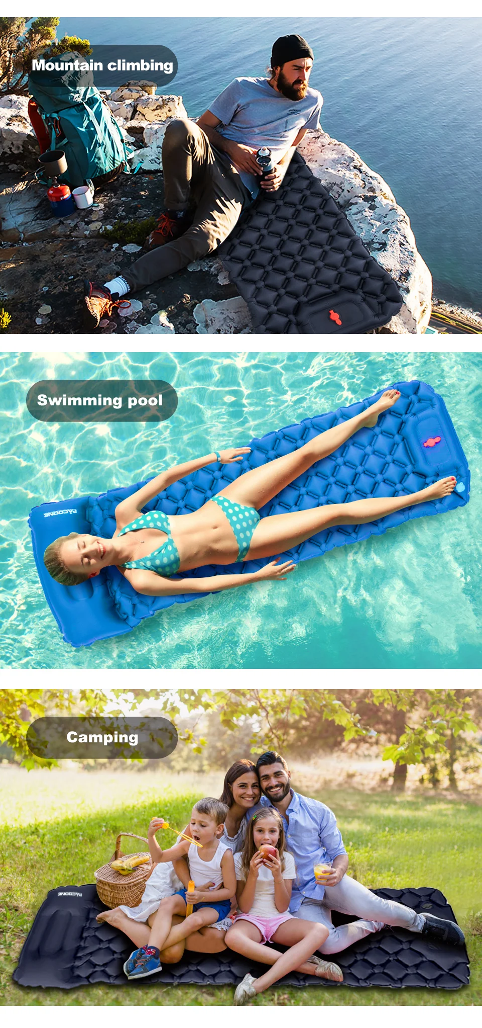 PACOONE Outdoor Camping Sleeping Pad Inflatable Mattress with Pillows Ultralight Air Mat Built-in Inflator Pump Travel Hiking
