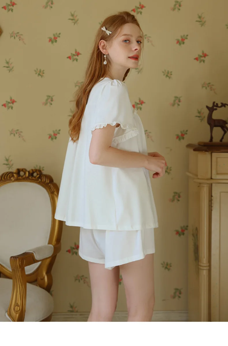 French Princess Sleepwear Cotton Short Sleeve Summer Women's Sweet and Cute Shorts Set Casual Loose Palace Style Two-Piece Set