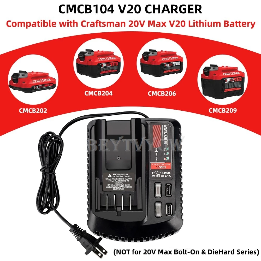 Fast Battery Charger Compatible with Craftsman 20V Battery With Dual USB Port Ch