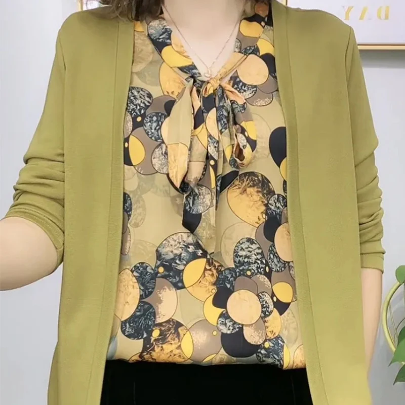 Autumn Elegant Fashion Commuter Office Lady Chic Shirt Women Contrasting Color Patchwork Drawstring V Neck Fake Two Pieces Top