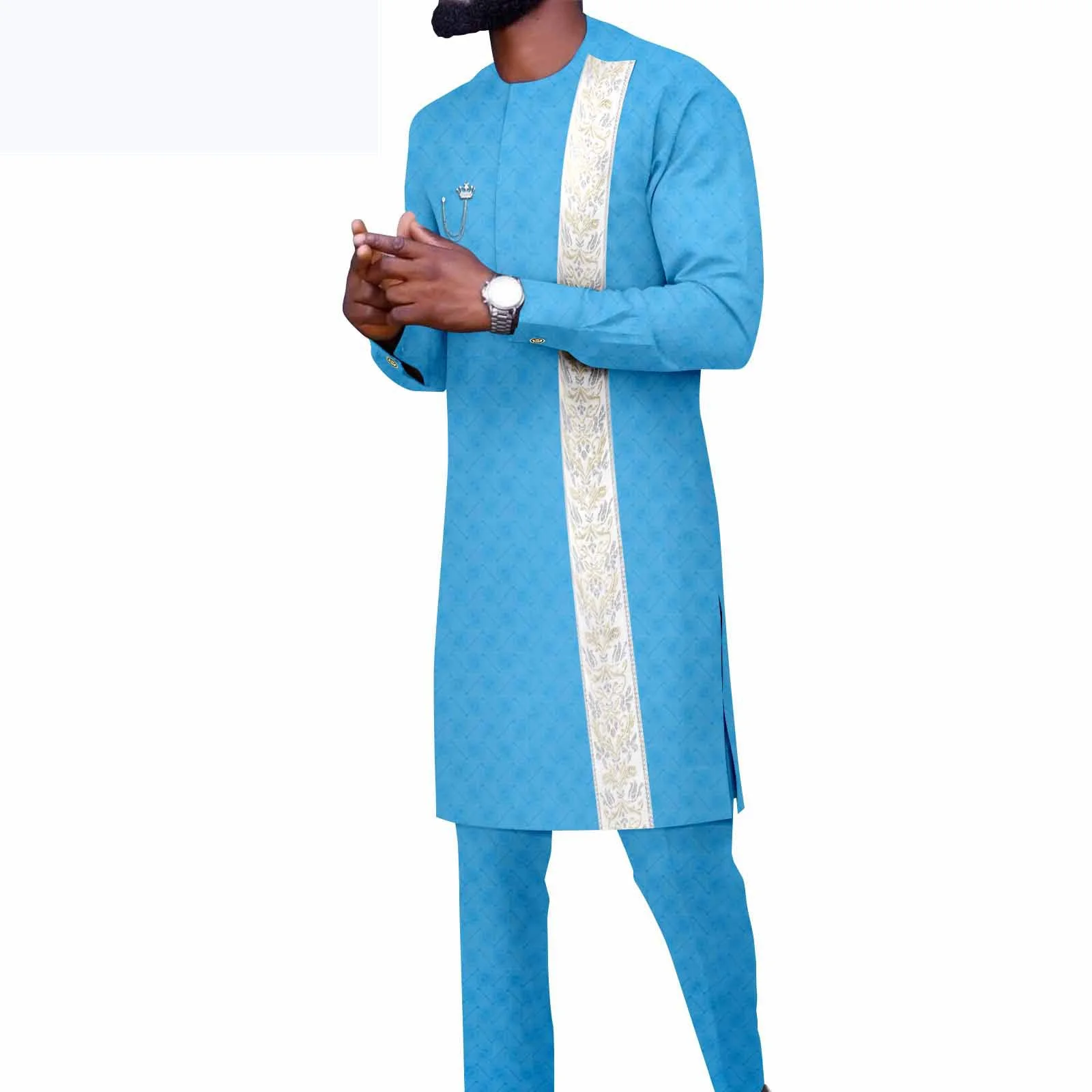 

African Man Clothing Set 2 Pieces Long Top+Full Length Slim Pants Casual Men's Suit Jacquard Fabric