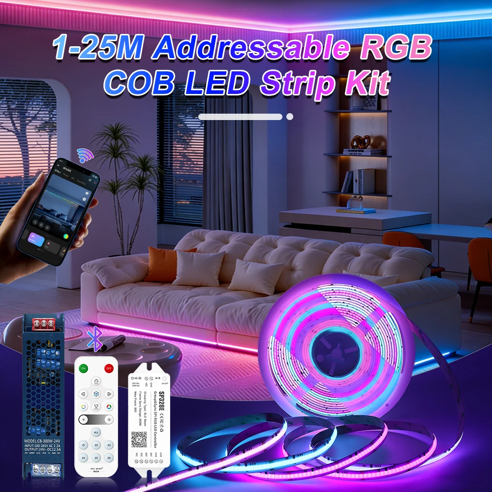 WS2811 RGB Addressable COB LED Strip Light Kit 1-25M RGBIC Addressable ...