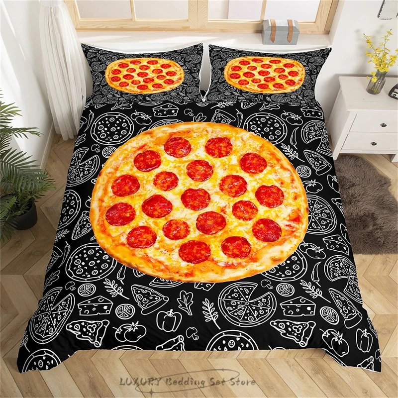 

Duvet Cover Sausage Pizza Print Fast Food Black and White Hippie Graffiti Pizza Kids and Adults Bedding Set Single Double Queen