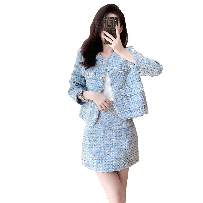 

Women's sky blue autumn/winter tweed short jacket+fashionable half skirt 2 pcs set 2024 new small fragrant style set