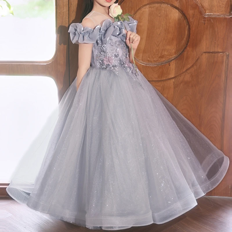 Fata Dolce Pieghettato Slash Neck Flower Girl Vestidos Solid Slim Vita A-Line Mesh Cascading Ball Gown Abiti Squisiti Appliques