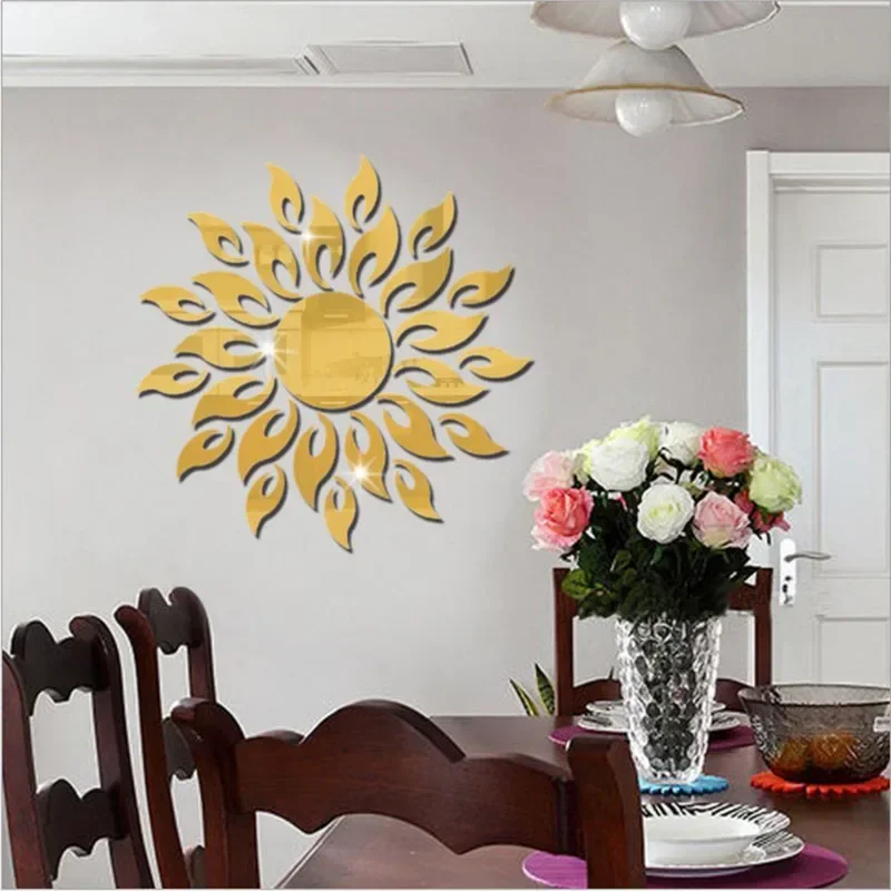 Gold Sun Flower Mirror Wall Sticker Adhesive DIY Wall Decor Decal Stickers Art Mural Wallpaper Living Room Decoration Home Decor