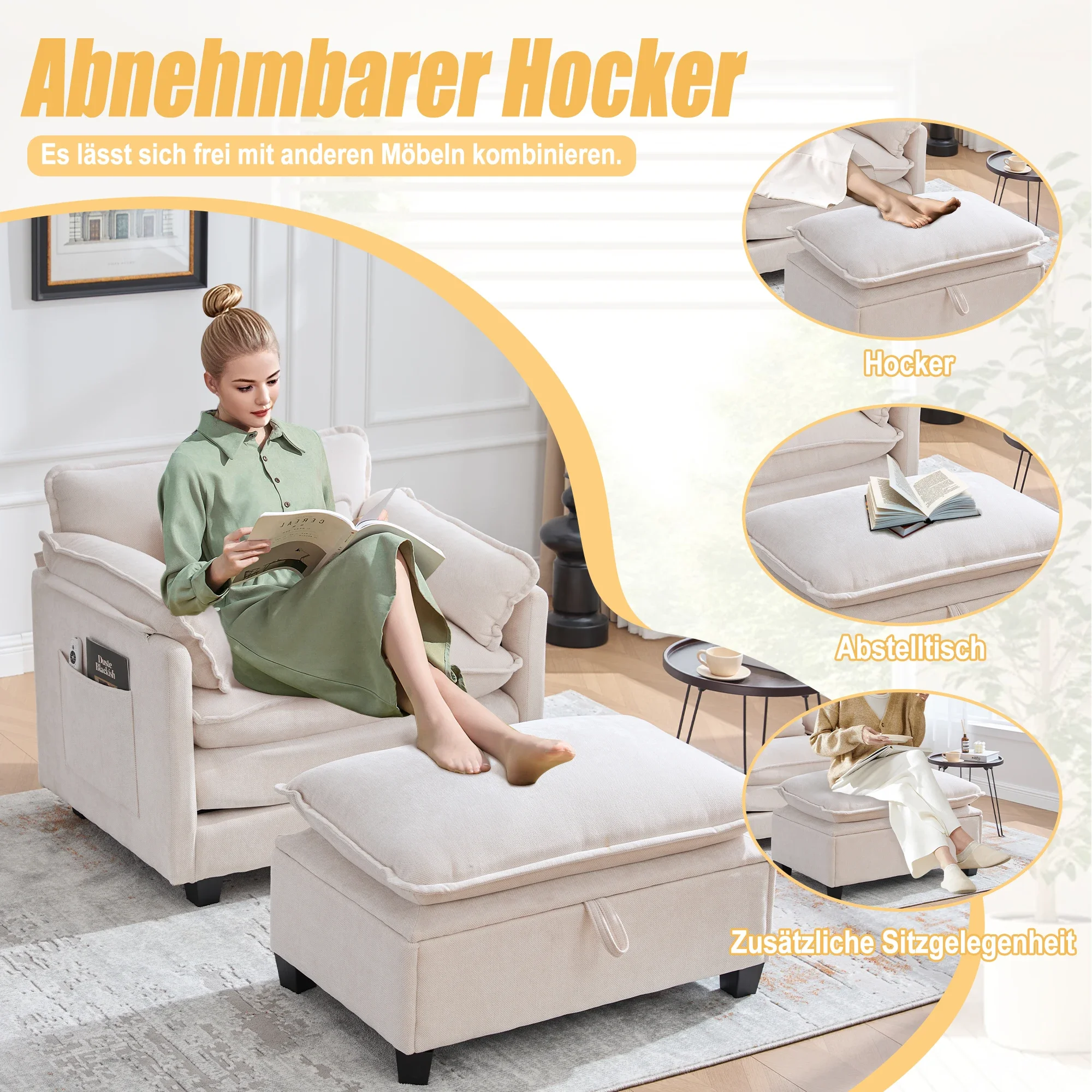 Moderner übergroßer Sessel mit Fußstütze und Hocker, Samt-Loungesessel mit Seitentaschen und Kissen, bequemer Lesestuhl – Detail 2