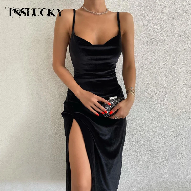 

InsLucky Velvet Elegant Women Dress Bodycon Slim Folds Spaghetti Strap Slit Camisole Midi Dresses Elegant Evening Party Clothing