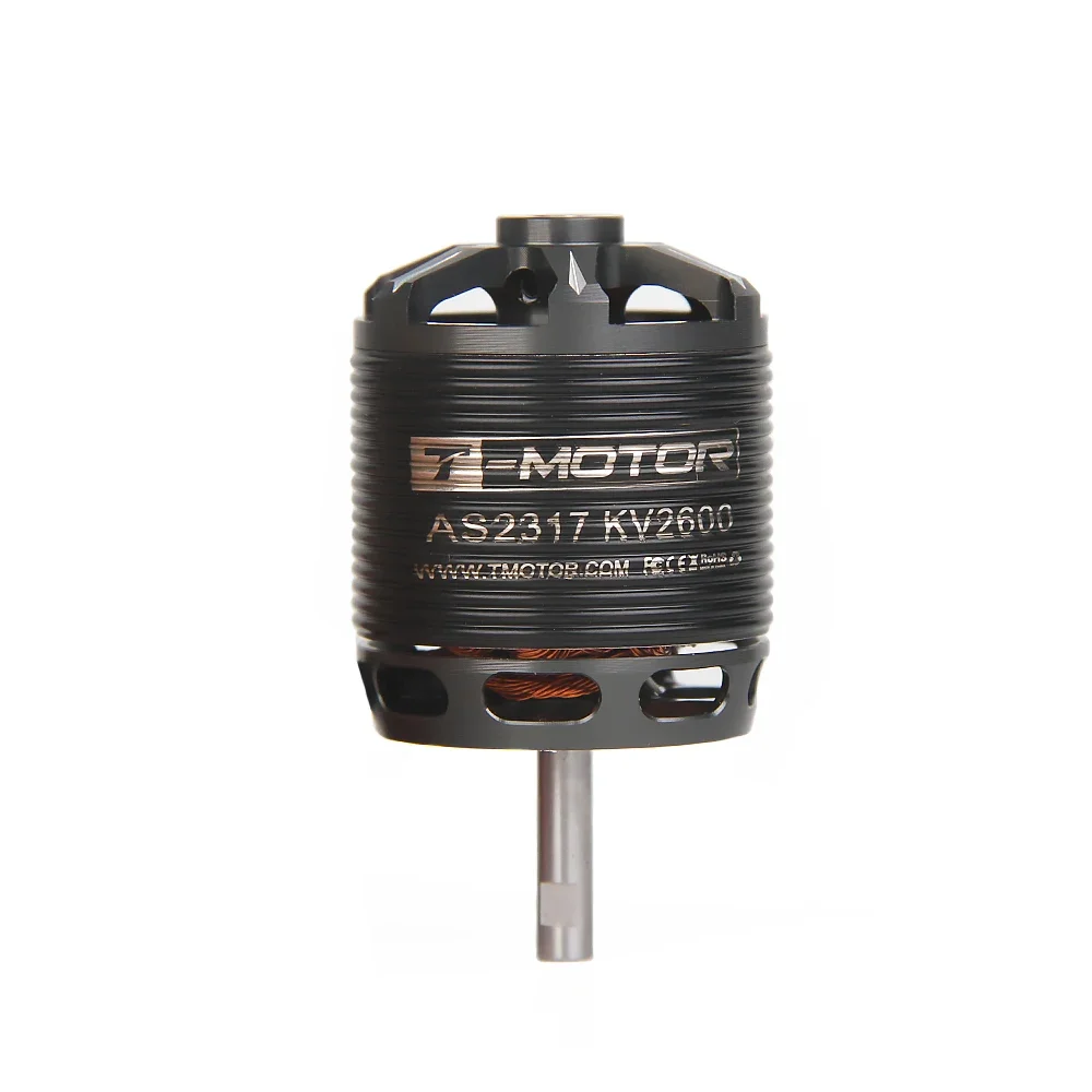 Vue de côté du moteur T-motor AS2317 KV1400 montrant son boîtier métallique et ses fils