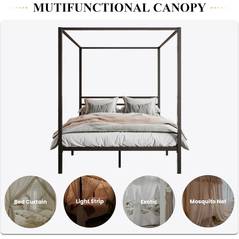 Metal Framed Canopy Platform Bed with Built-in Headboard,No Box Spring Needed,Queen - Black, image size:1000x1000