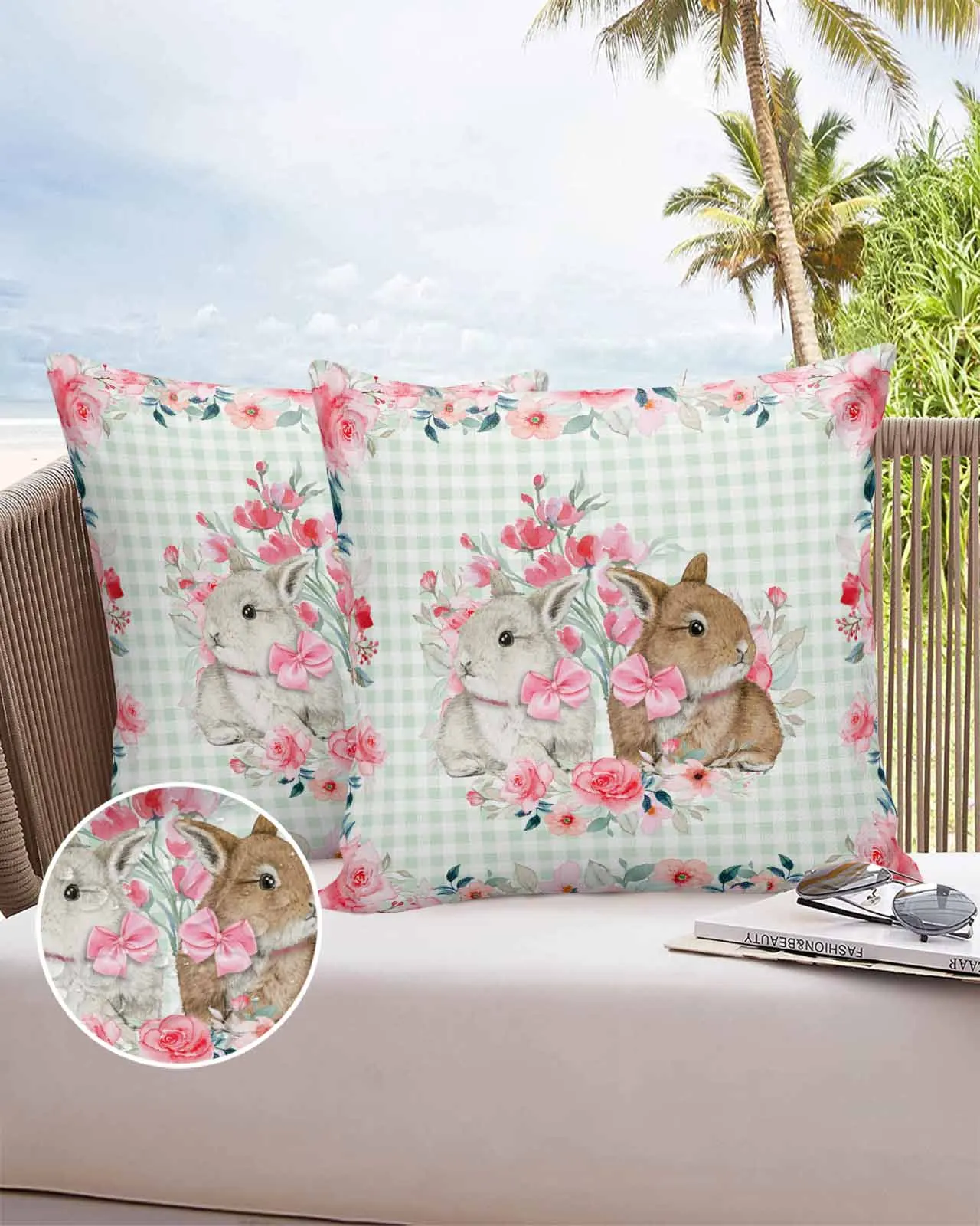 

2/4PCS Vintage Rabbit Easter Flower Plaid Waterproof Cushion Cover For Home Decoration 40/45/50/60/66cm Pillowcase