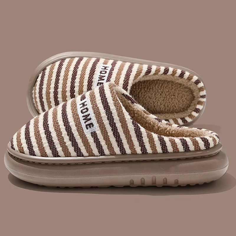 Soft Sole Striped Home Cotton Slippers Women Indoor Bedroom Non Slip Fluffy Slides Woman Fleece Lining Warm Plush Slippers