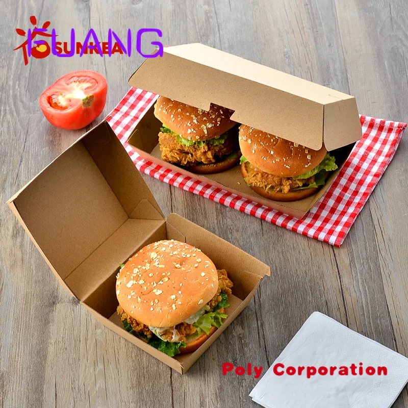 Custom Wholesale Fold Biodegradable Corrugated Printed Logo Hamburger  Packaging Takeaway Food Paper Burger Togo Bagassse Box 