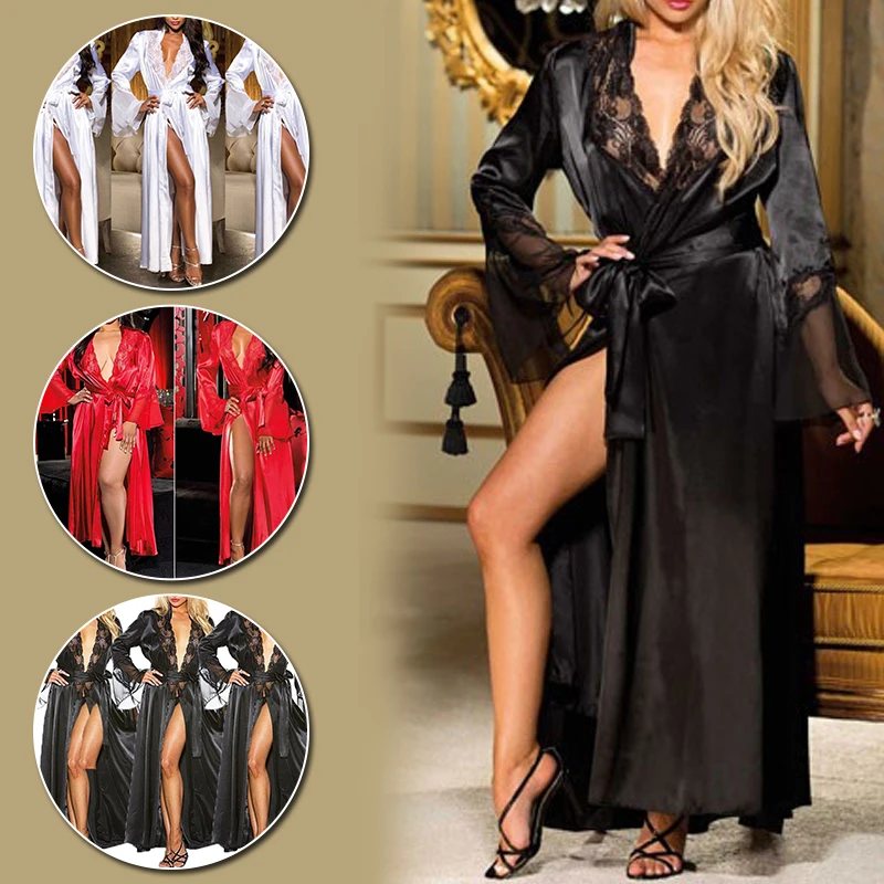 Women Sexy Lace V-Neck Bathrobe Nightdress Belt Long Sleeve Pajamas Robes Lingerie Sleepwear Nightgowns