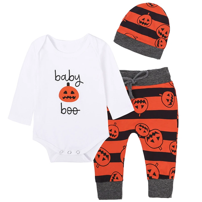 

3Piece Spring Baby Boys Clothes Halloween Cartoon Cute Long Sleeve Cotton Bodysuit+Pants+Hat Newborn Girls Clothing Set BC033