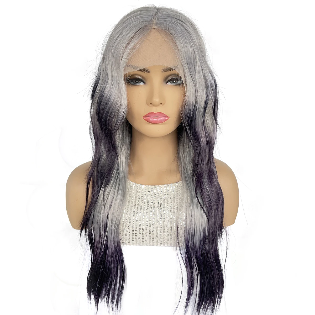 

BCHR Lace Front Wig Long Curly Grey Ombre Purple Natural Hairline Heat Resistant Synthetic Hair Wigs for Women