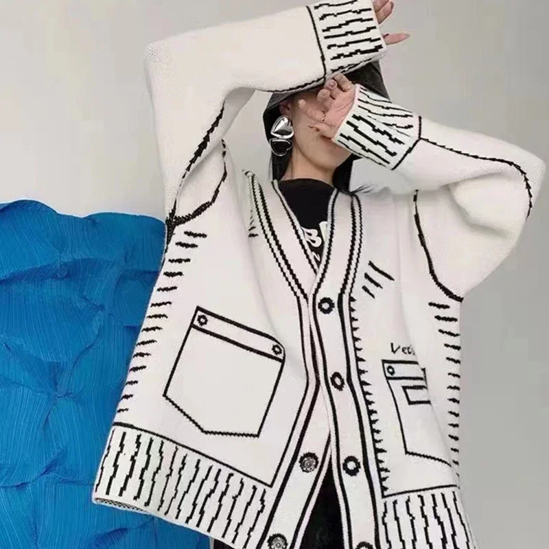 

Женский вязаный кардиган с принтом граффити, свободный свитер с длинным рукавом и V-образным вырезом, Y2k, весна 2024