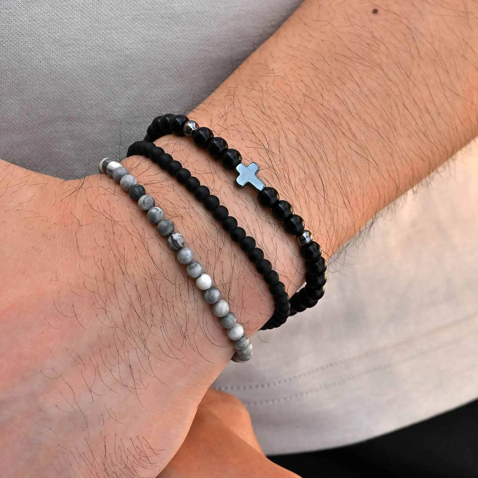 3cs Herren-Perlenarmband, Vintage-Armband aus schwarzen und weißen Natursteinperlen, verstellbares Armband, cooler Schmuck, Geschenk für Ihn