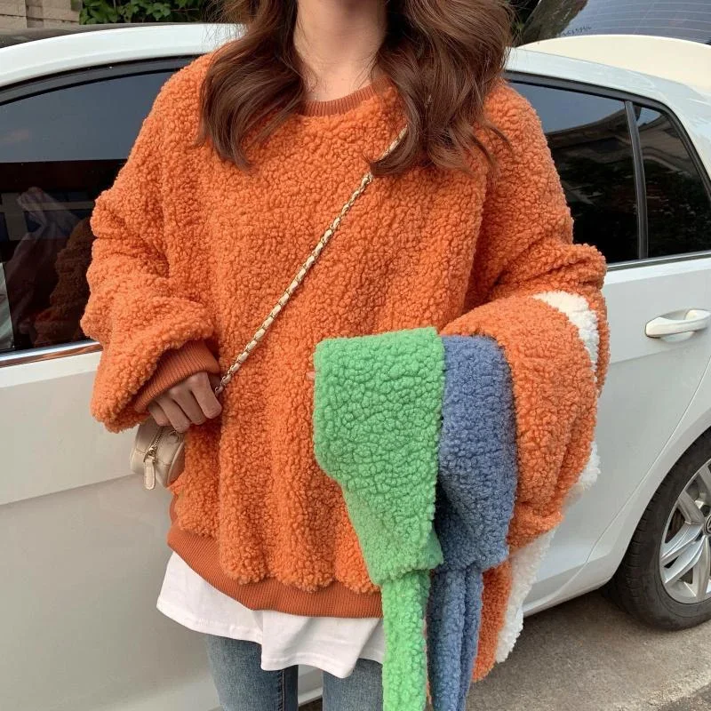 Women Fake 2 Pieces Fluffy Hoodies With Scarf Plus Velvet Fleece Sweatshirt Harajuku Street Fashion Sudaderas Top Autumn Winter