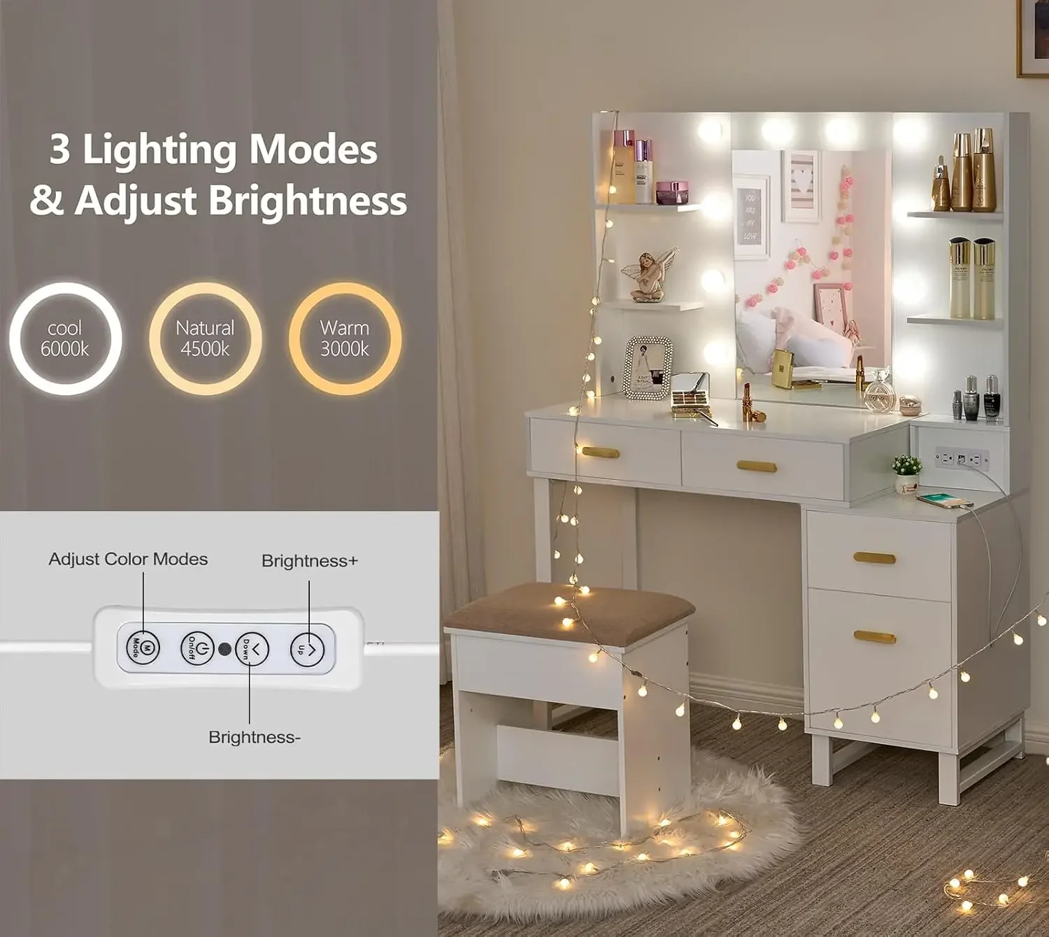 Makeup Vanity Desk Vanity Set with 10 LED Bulbs Lighted Mirror Makeup Table Set with Charging Station Nightstand 3 Colors
