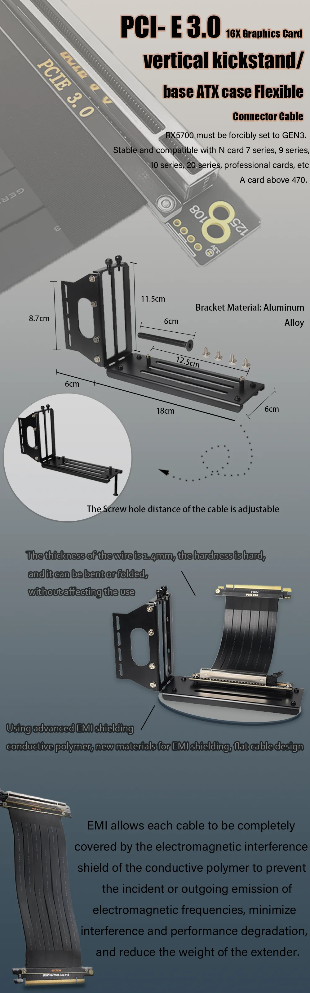 High-Speed PCI-E 3.0 Riser Cable Extender for PC Graphics Cards - 16x GPU Riser with Vertical Kit for ATX Chassis Description Image.This Product Can Be Found With The Tag Names Computer Cables Connecting, Computer Peripherals, PC Hardware Cables Adapters, Riser pcie
