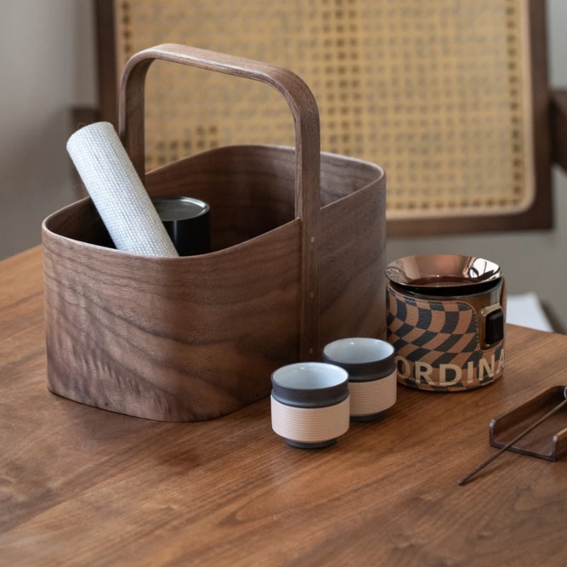 Curved Wood Solid Wood  Storage Box Desktop End Table Hallway Sundries  Outdoor Portable Tea Set Storage Basket 4
