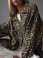 Veste en jean décontractée à imprimé léopard pour femme, coupe ample printanière avec poches et boutons, style vintage mi-long tendance 1