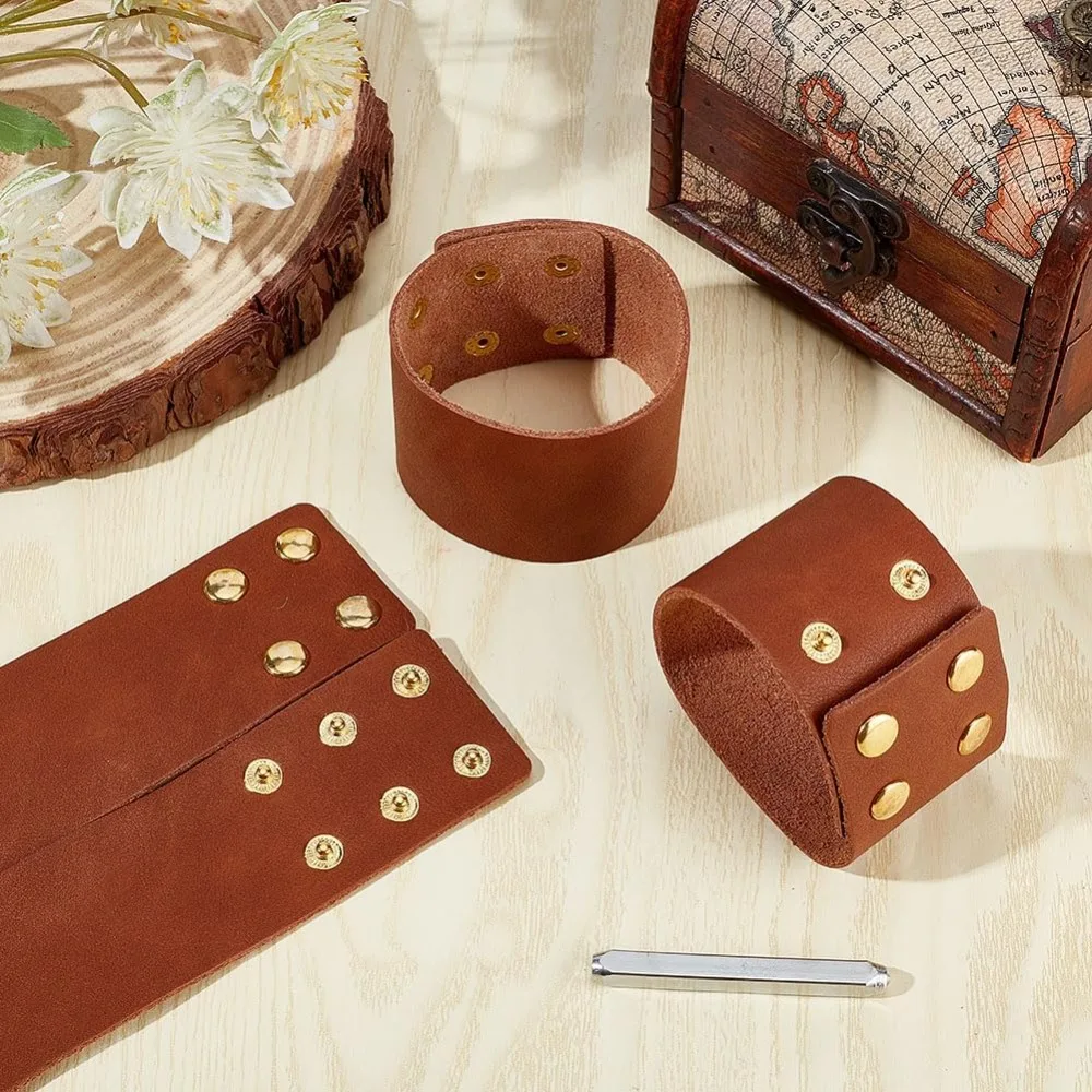 남녀공용 블랭크 가죽 와이드 코드 팔찌 손목밴드, 새들 브라운, 9-1/2인치(24cm)