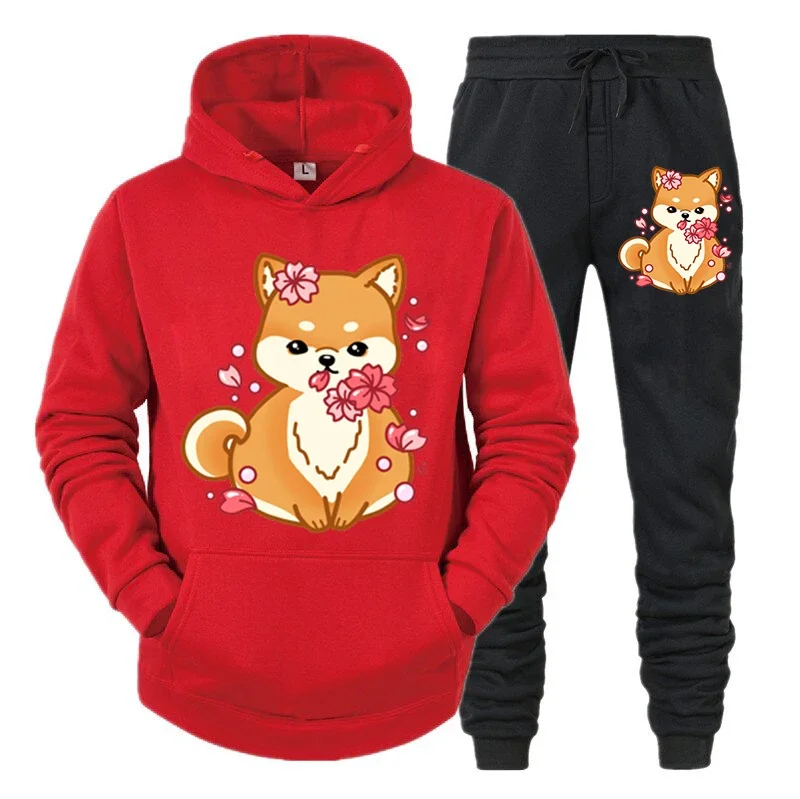 thumbnail image 1 of Conjunto de 2 piezas con estampado de anime Shiba Inu para hombre, sudadera con capucha y pantalones divertidos para amantes de los perros, ropa deportiva de moda de manga larga para otoño, 1 of 5