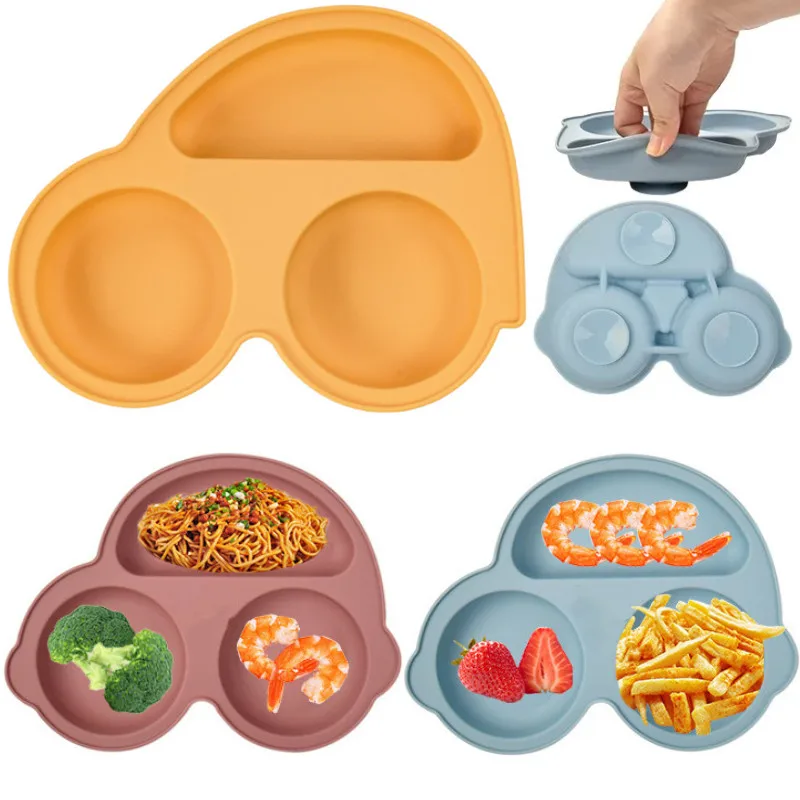 silicone dining plate silicone meal set silicone feeding set silicone feeding bowl baby tableware set Safe Silicone Baby Dining Plate Car Shape Children's Dishes Infant Suction Bowl Toddler Training Tableware Kids Feeding Plates