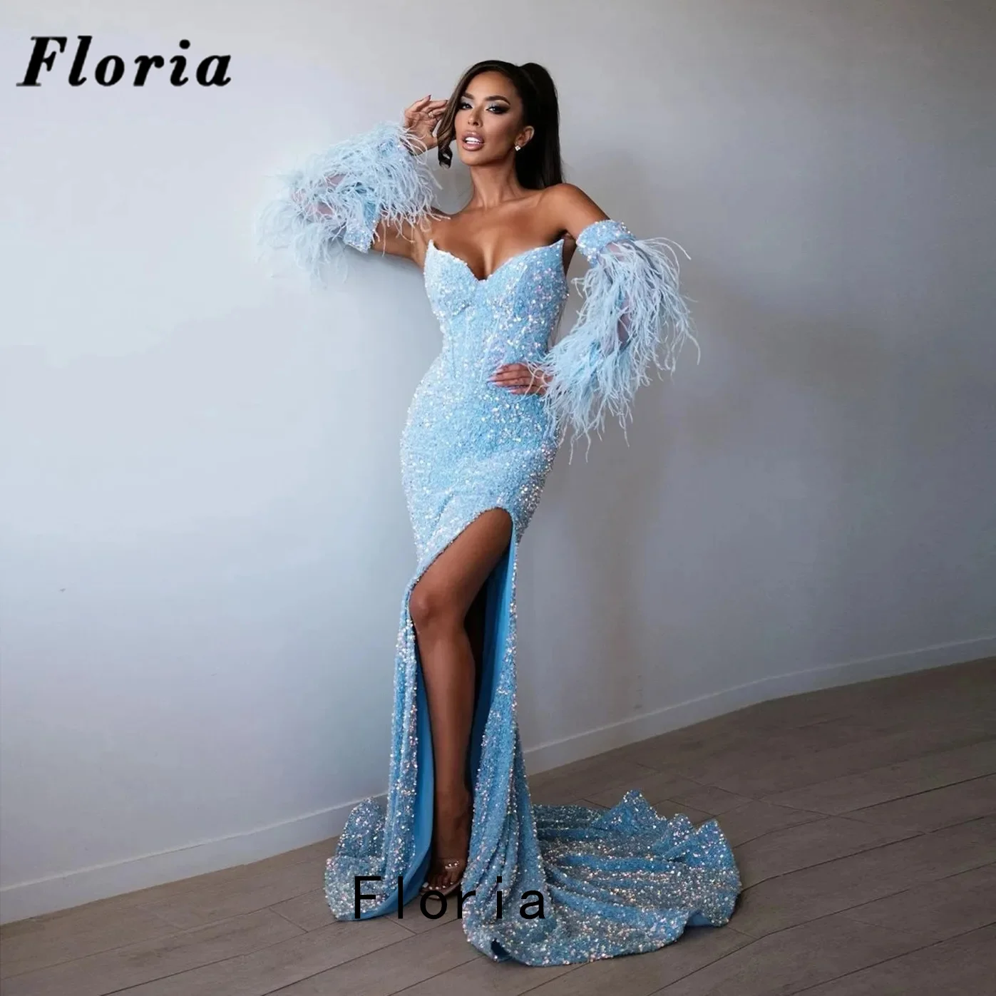 

Sky Blue Sequins Cocktail Evening Dresses with Detachable Sleeve Feathers Robes Long 2023 Arabic Strapless Prom Dress Party Gown